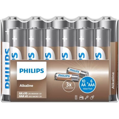 Батарейки PHILIPS AA + AAA Entry Alkaline 1.5V LR6 х 10 шт + LR03 х 6 шт (LR036A16F/10) Батарейки PHILIPS AA + AAA Entry Alkaline 1.5V LR6 х 10 шт + LR03 х 6 шт (LR036A16F/10)