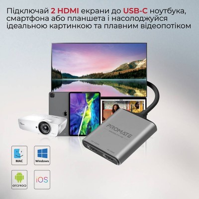 Перехідник PROMATE Type-C/2xHDMI (medialink-h2.grey)