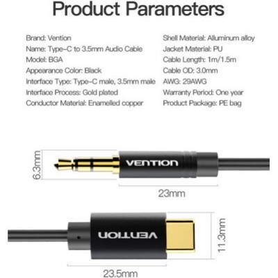 Кабель VENTION Type-C - 3.5 mm Male Spring Audio Cable 1 м Black Metal Type (BGABF) Кабель VENTION Type-C - 3.5 mm Male Spring Audio Cable 1 м Black Metal Type (BGABF)