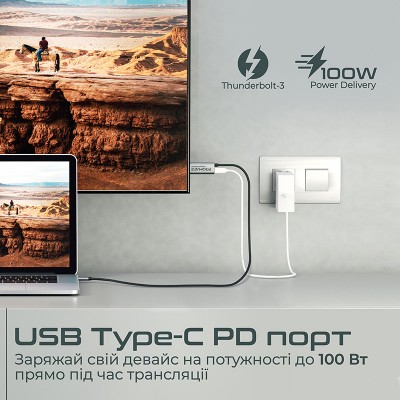 Кабель Promate HDMI-PD100 USB-C to HDMI/USB-C в 1.8 м Grey (hdmi-pd100.grey)
